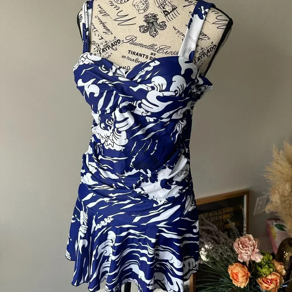 Navy and White Ruched Swim Dress with Adjustable Straps – Size L
